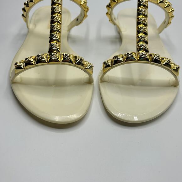 Stuart Weitzman Jelly Sandals Size 7 Studded T-Strap "Jelrose" Cream Gold - Picture 4 of 10